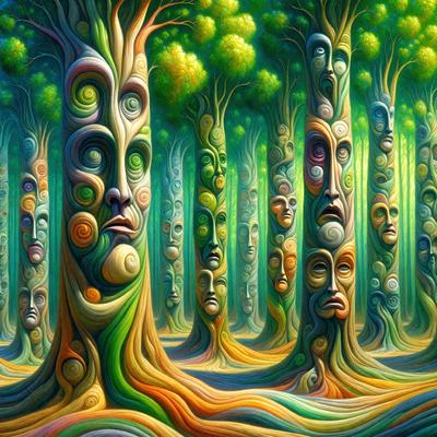 The primary subject of the image is a tree with faces carved into it, creating a unique and artistic visual effect. The tree is surrounded by other trees, giving the scene a natural and serene atmosphere. The visual style of the image is a combination of digital art and illustration, with the faces carved into the tree appearing as if they are part of a painting or drawing. The colors and mood of the image are predominantly green and earthy tones, with the faces adding a touch of whimsy and creativity to the scene.
